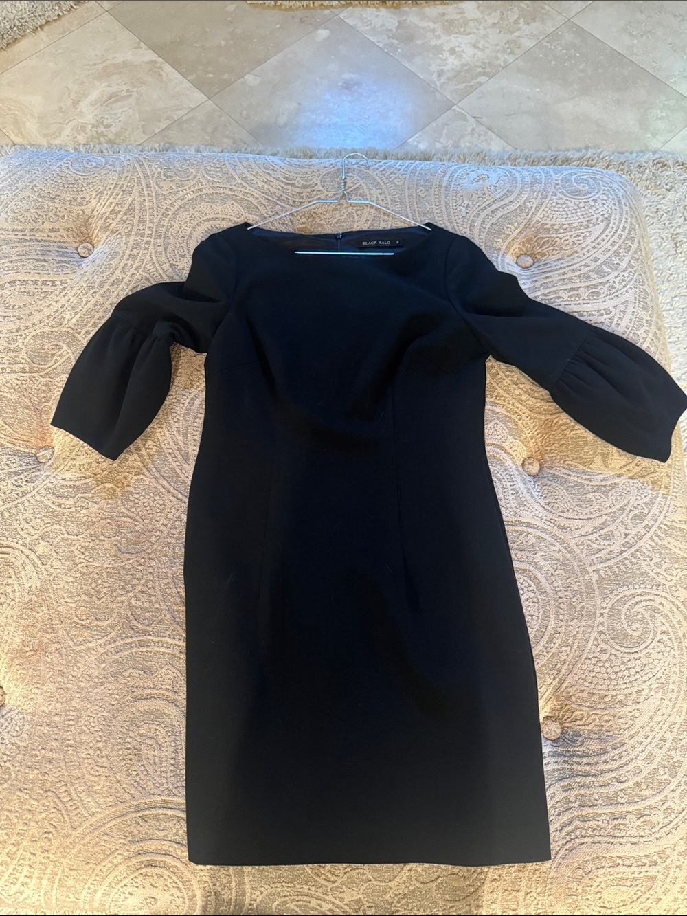 Black Halo Black Midi Sheath Dress with Puff Elbow Sleeves